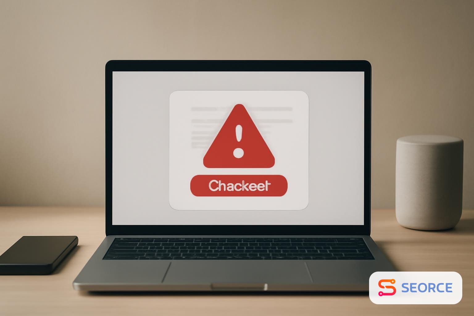Laptop showing a blocked shopping checkout page beside a smartphone and smart assistant device