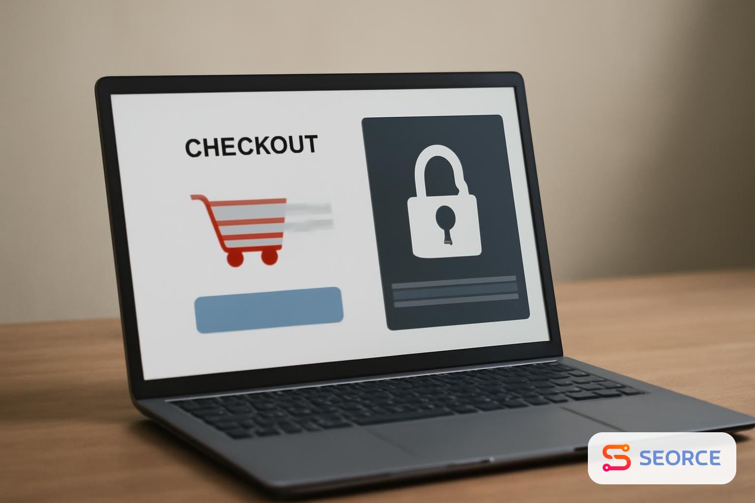 Laptop showing a shopping checkout page beside a browser window and a locked marketplace page