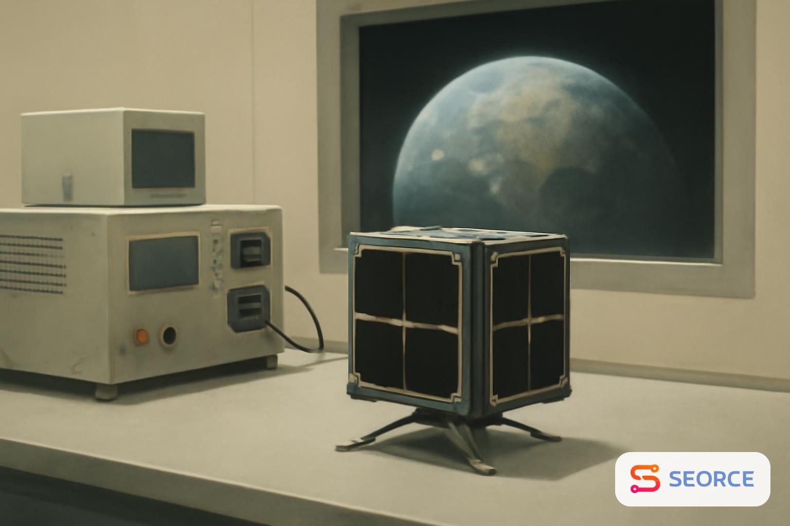 Satellite model beside a vibration chamber and cooling equipment in a space hardware lab