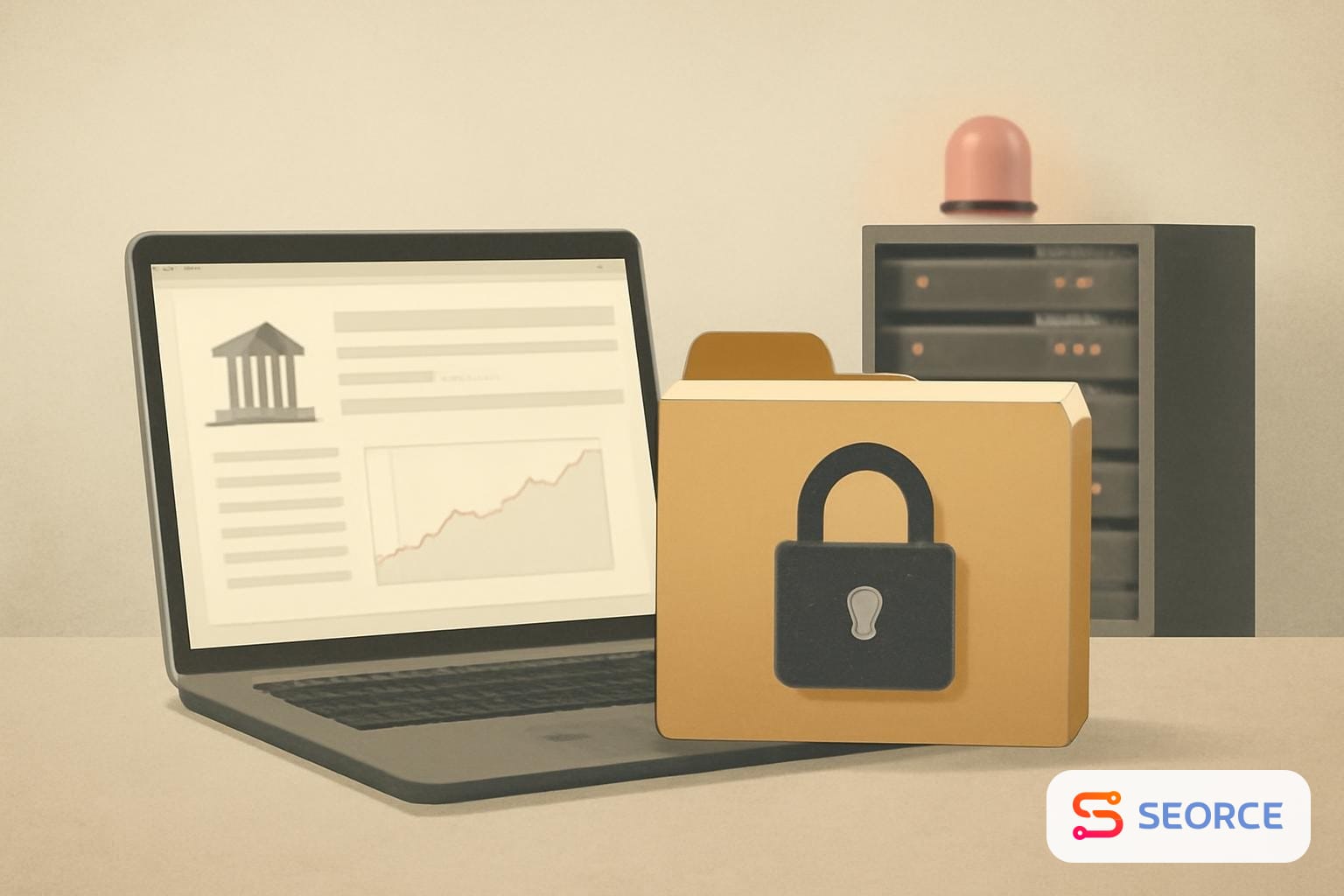 A laptop showing a government statistics portal beside a locked folder and server rack