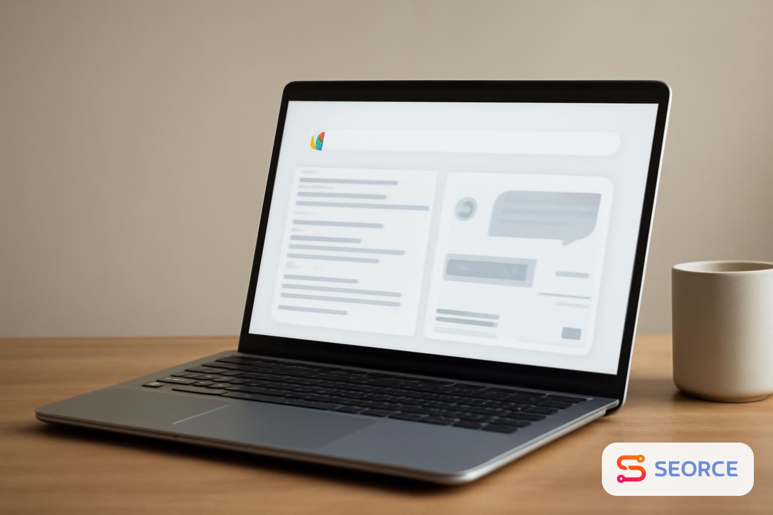 A laptop shows search results branching to a chat panel and webpage cards.