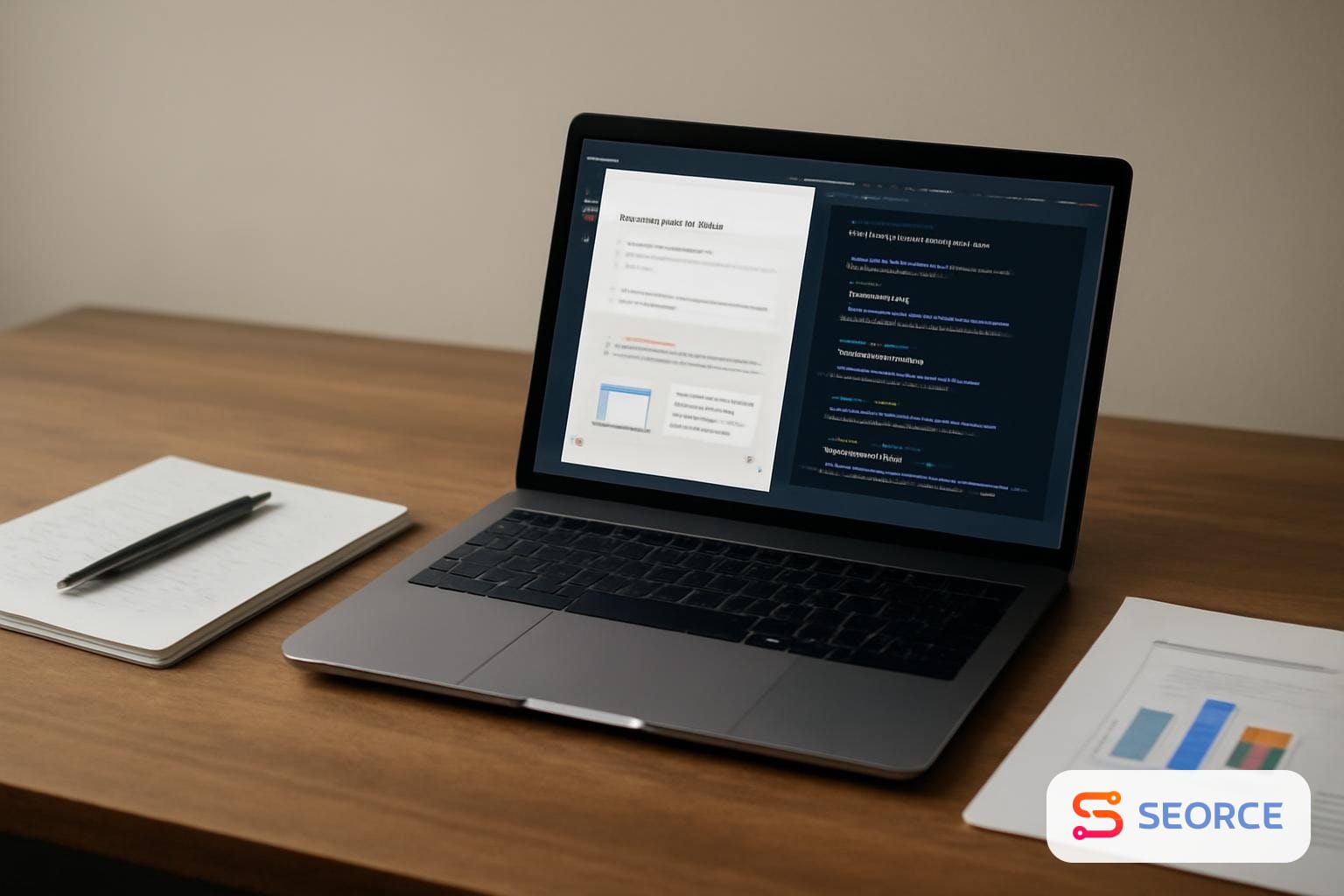 Laptop showing a productivity app beside notes, dashboard mockup and code editor window.