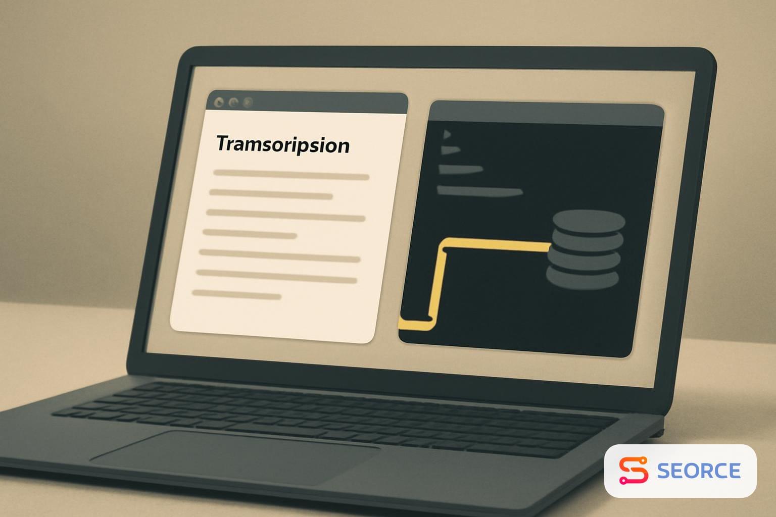 Laptop with a transcription app window, terminal prompt, and redirected server connection path
