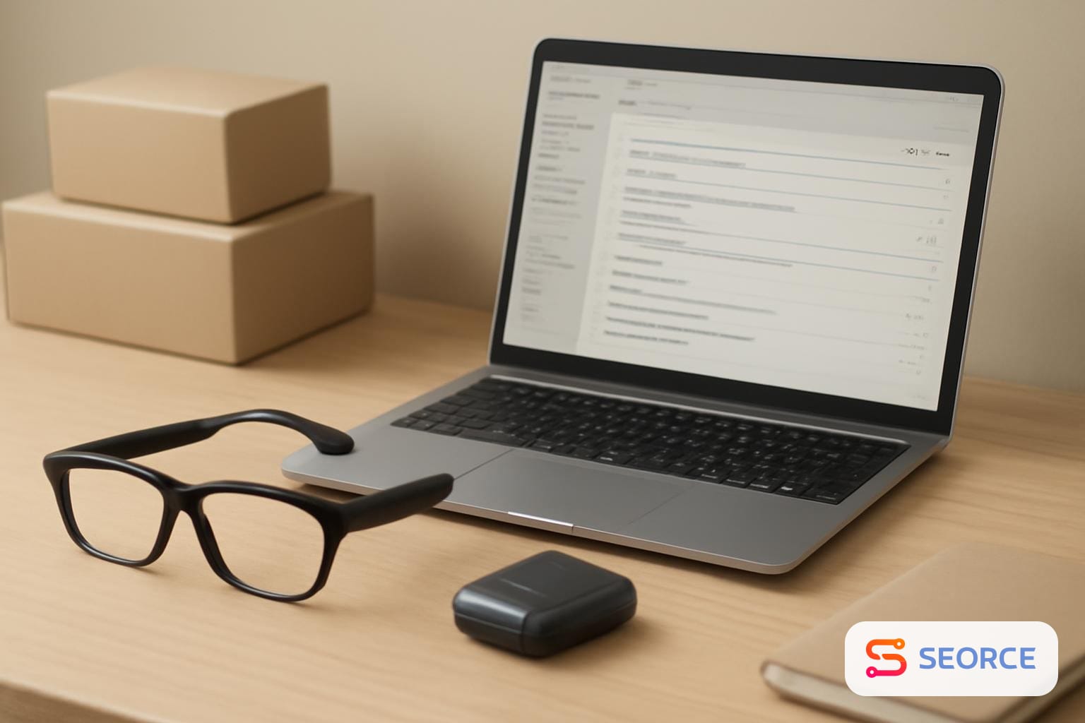 Laptop beside smart glasses and a pocket device on a desk with retail boxes