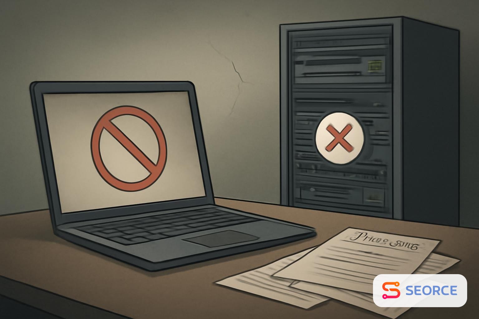Laptop beside a server rack with blocked access alerts and scattered audit logs
