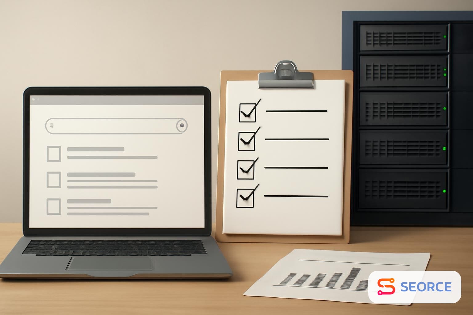 Laptop showing a search results page beside a checklist and analytics dashboard