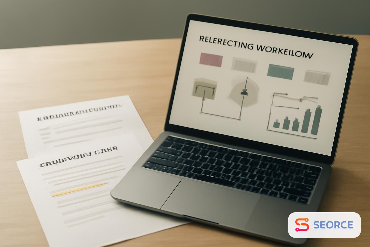 Laptop showing a marketing workflow dashboard beside onboarding checklists and a campaign brief