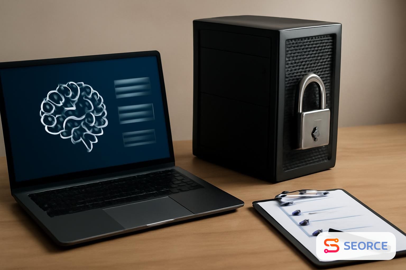 Laptop beside a locked server rack and a checklist on a desk