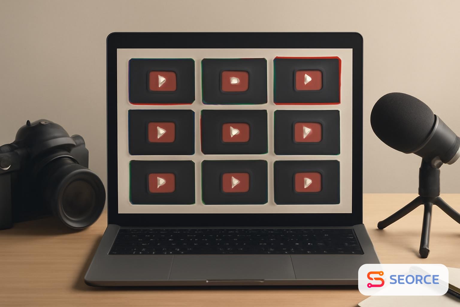 Laptop screen with repeated short-form video thumbnails beside a desk camera and editing notes