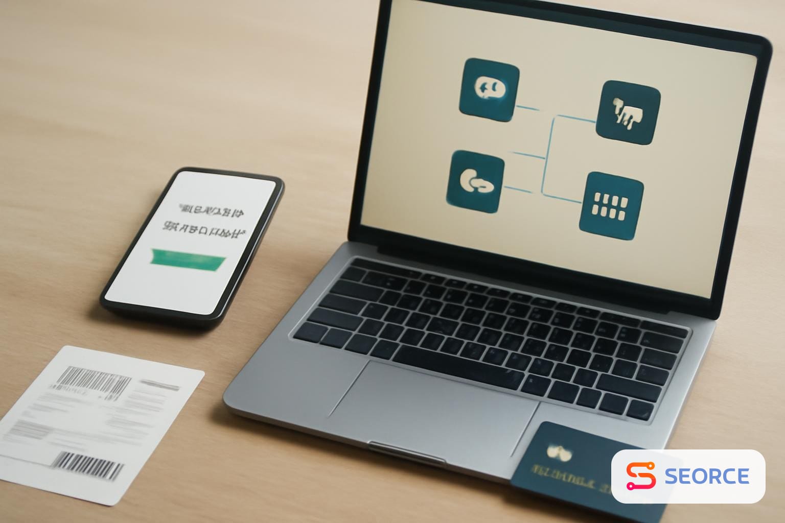 A laptop and smartphone on a desk with connected app dashboards, a shipping label, a payment card, and an approval prompt.