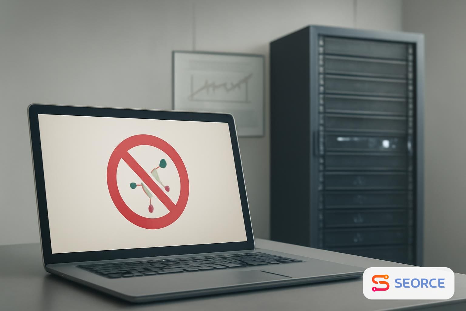 Laptop beside a server rack showing a blocked network path and paused training dashboard.