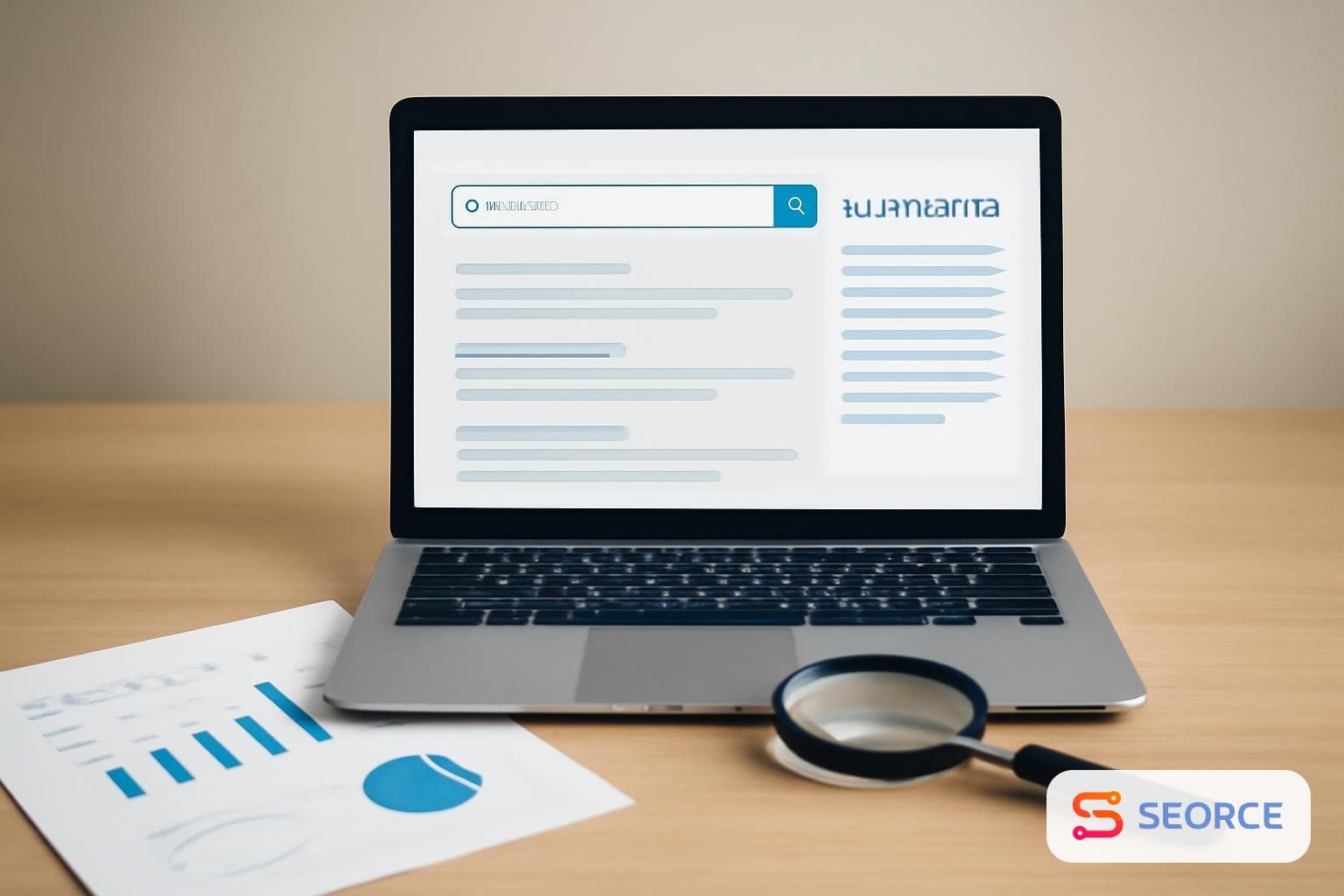 A laptop shows search results beside an AI answer panel with analytics reports and a magnifying glass