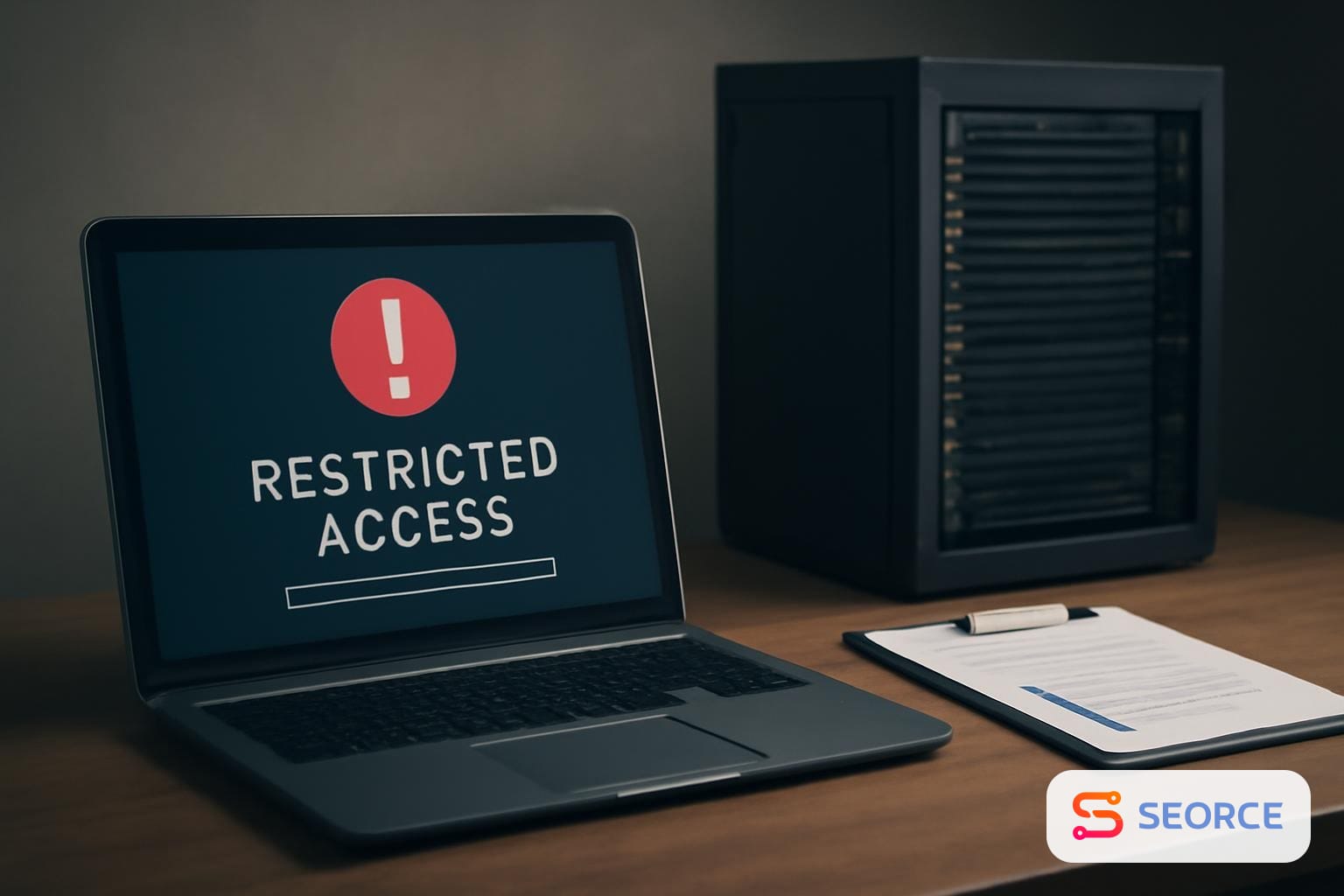 Laptop showing a restricted access dashboard beside a server rack and security checklist