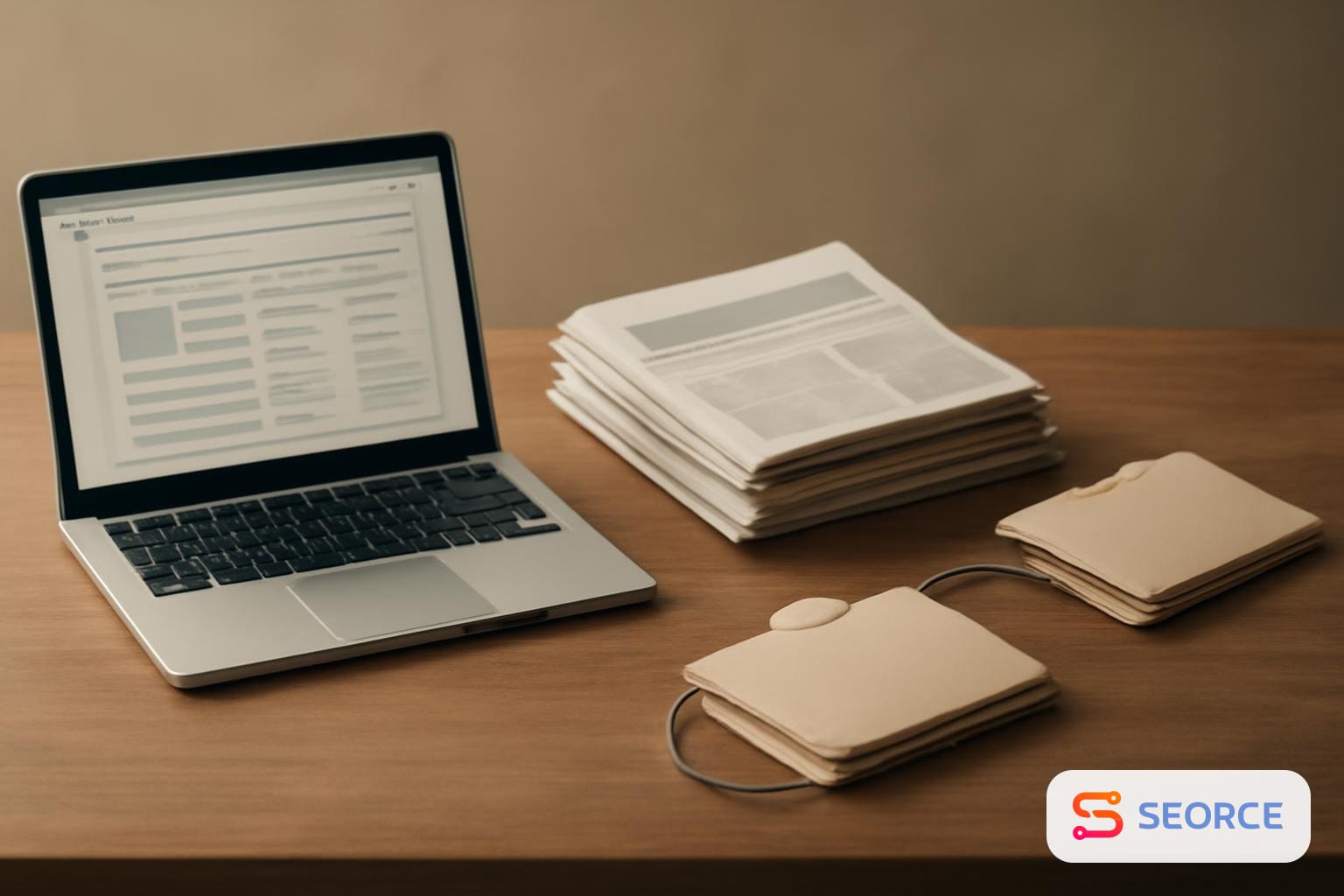 Laptop dashboard beside stacked articles and connected folders on a desk