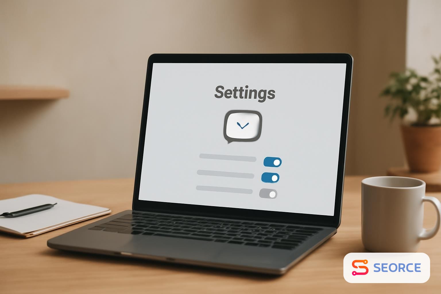 Laptop showing a chatbot settings panel beside a notebook on a desk