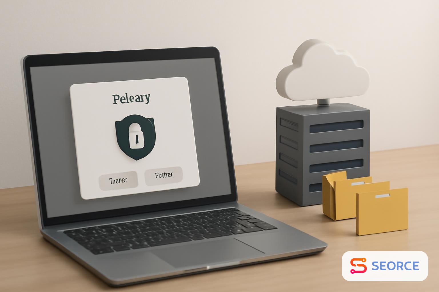 Laptop with a permission prompt beside a cloud server rack and connected app folders