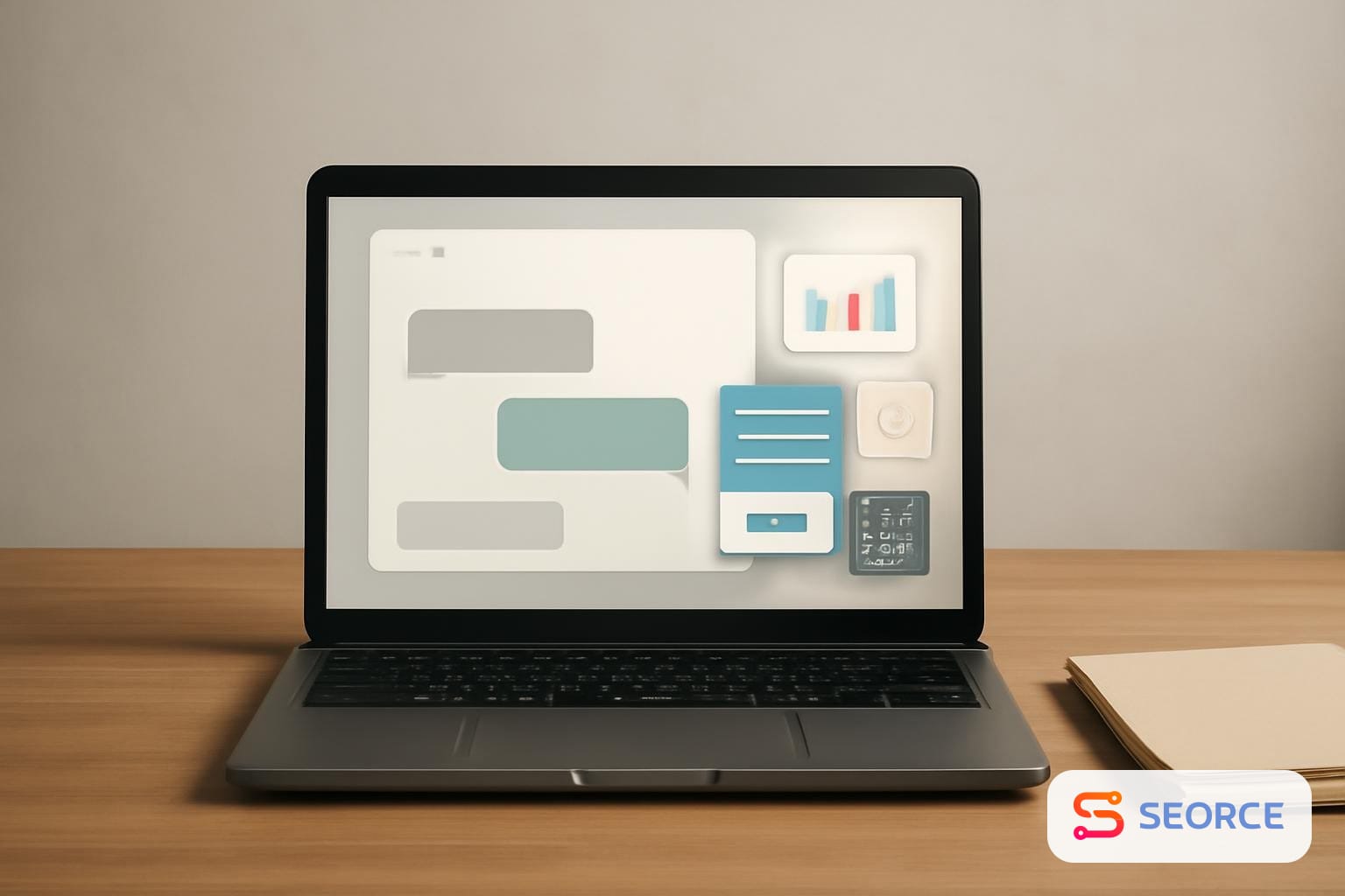 Laptop displaying chat with charts, forms, buttons, and a calculator panel