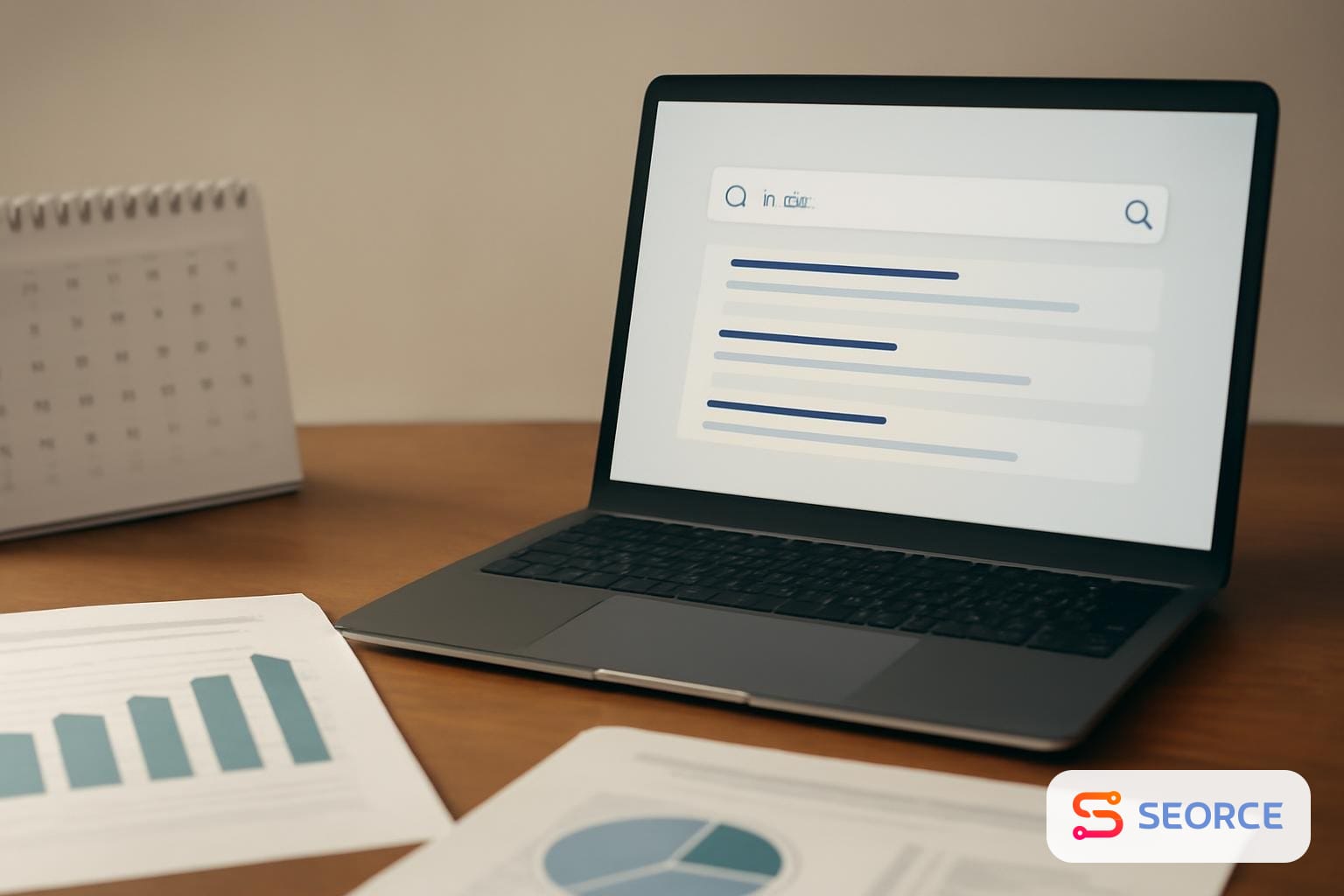 Laptop showing a search dashboard beside a calendar and analytics sheets