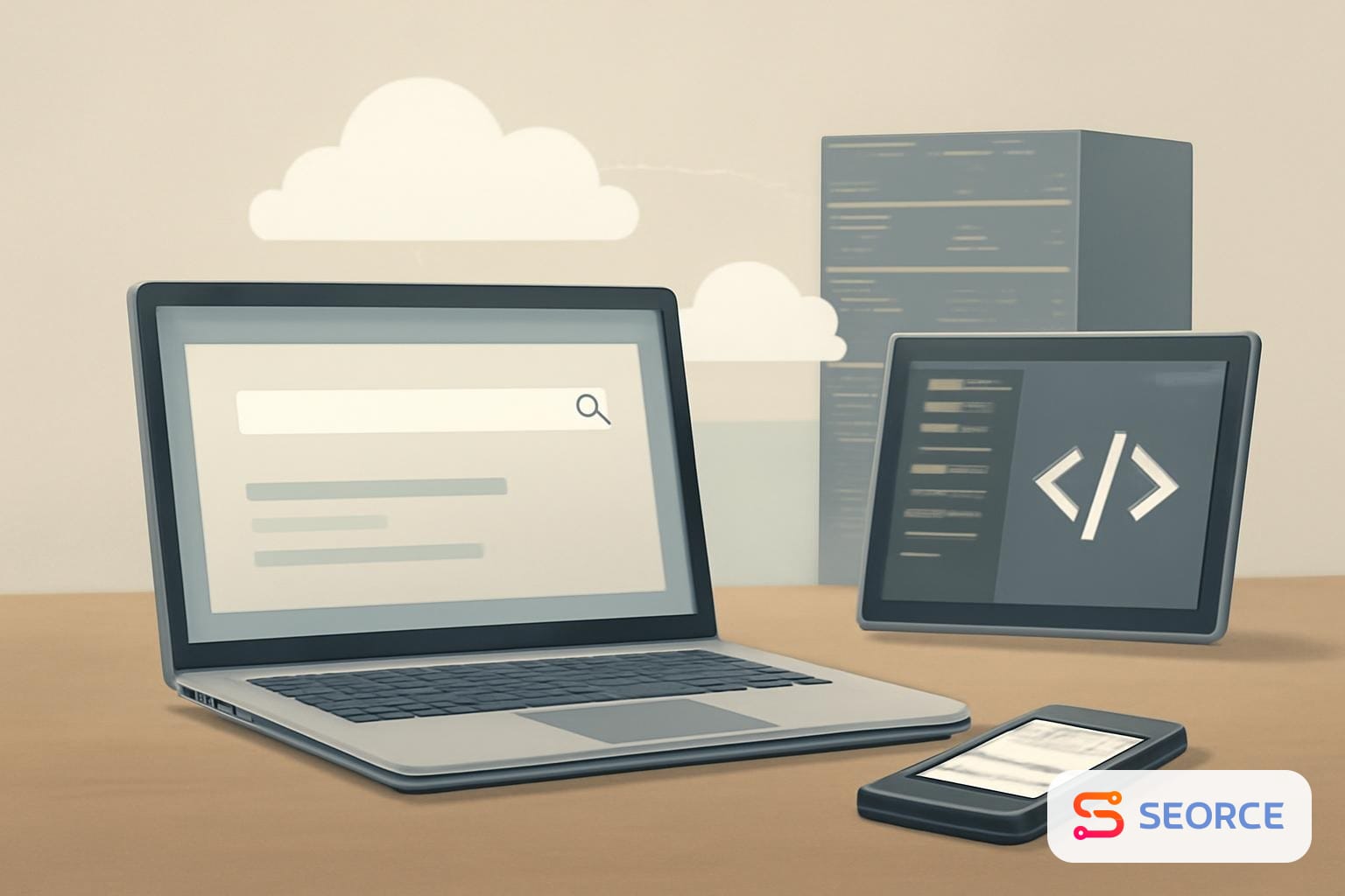 Laptop showing a search interface beside a smartphone and developer dashboard on a desk