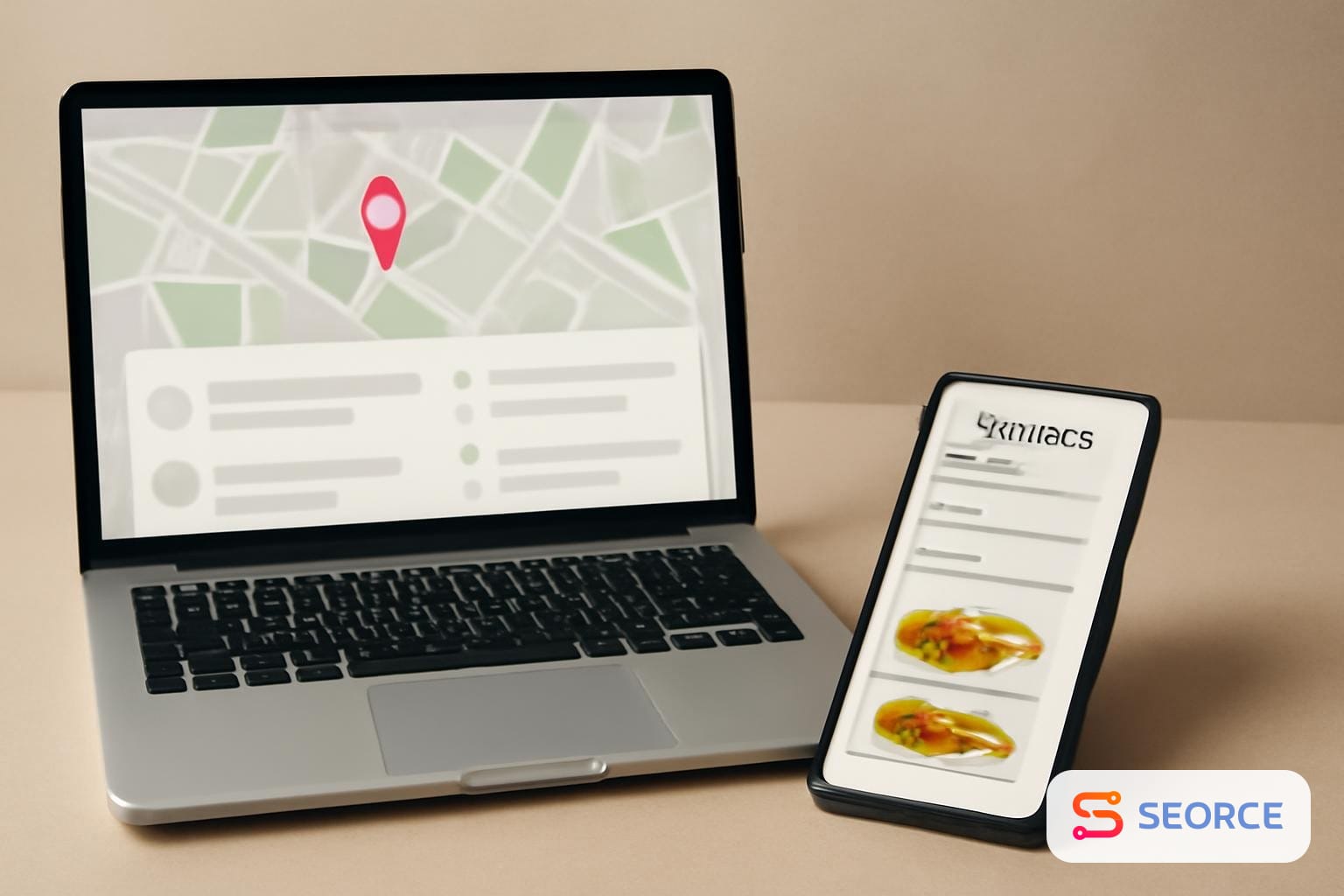 Laptop and smartphone showing restaurant search results, delivery options, and a neighborhood dining list.