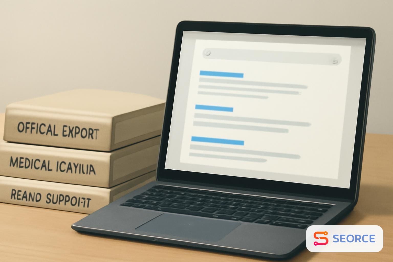 Laptop showing search results beside stacked official reports, journals, and brand support pages