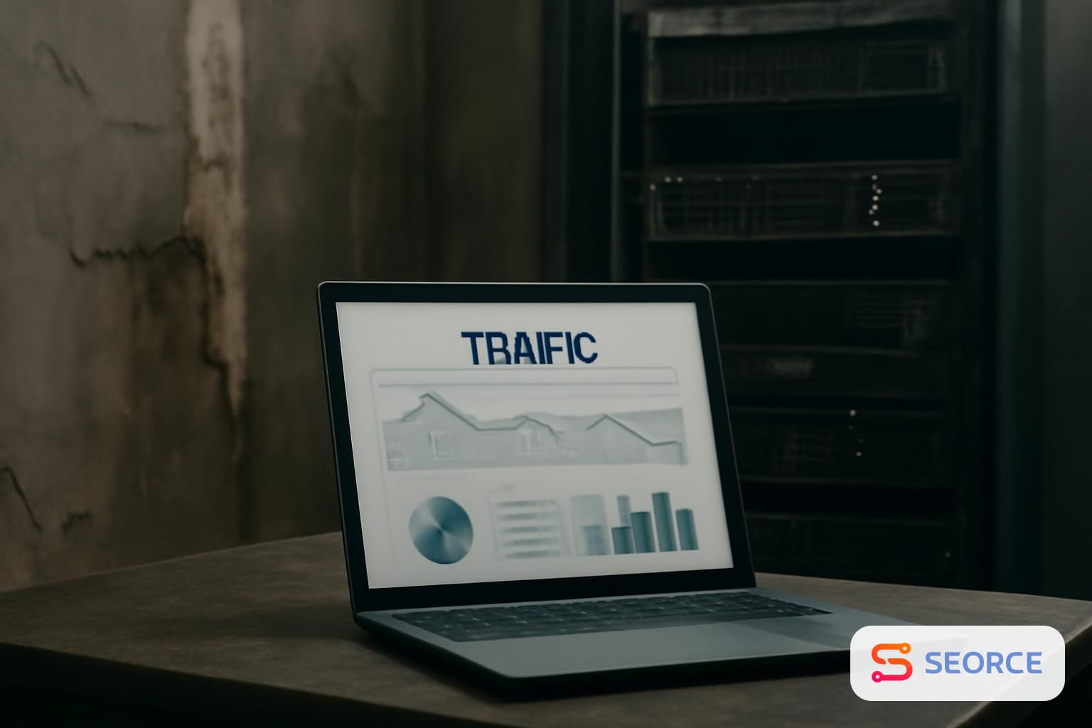 Laptop showing traffic analytics beside a dim server rack in a damaged data center room