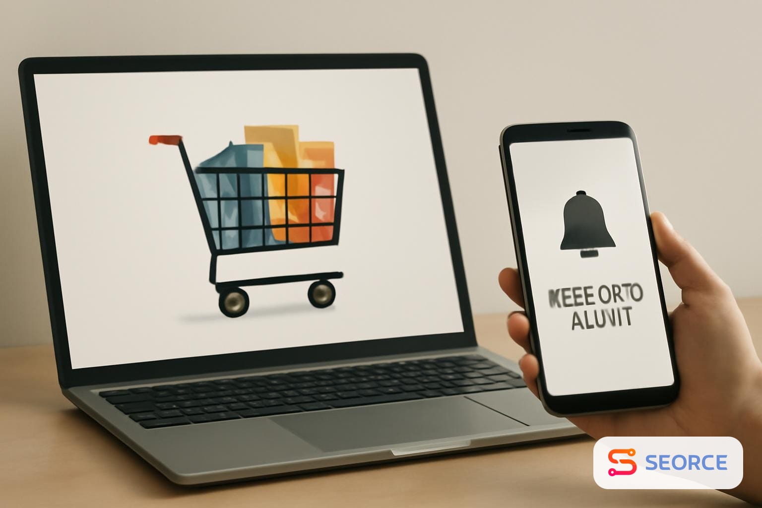 Shopping cart on a laptop with products from multiple stores and a restock alert