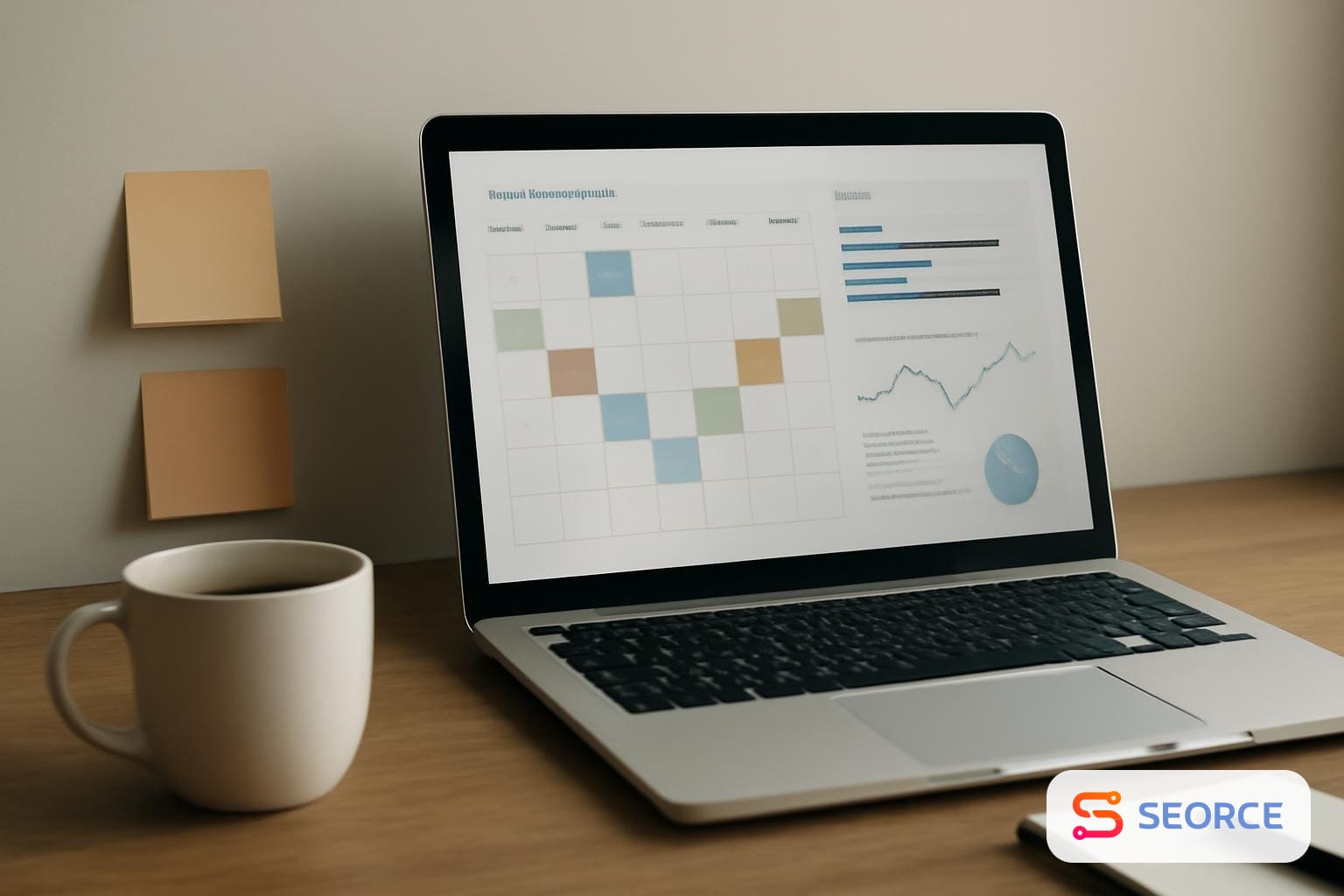 Laptop showing a content calendar and analytics dashboard beside sticky notes and a coffee mug