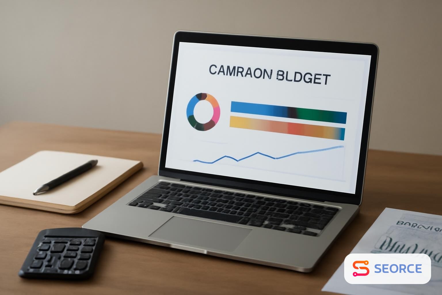 Laptop showing a campaign budget dashboard beside a notebook and calculator
