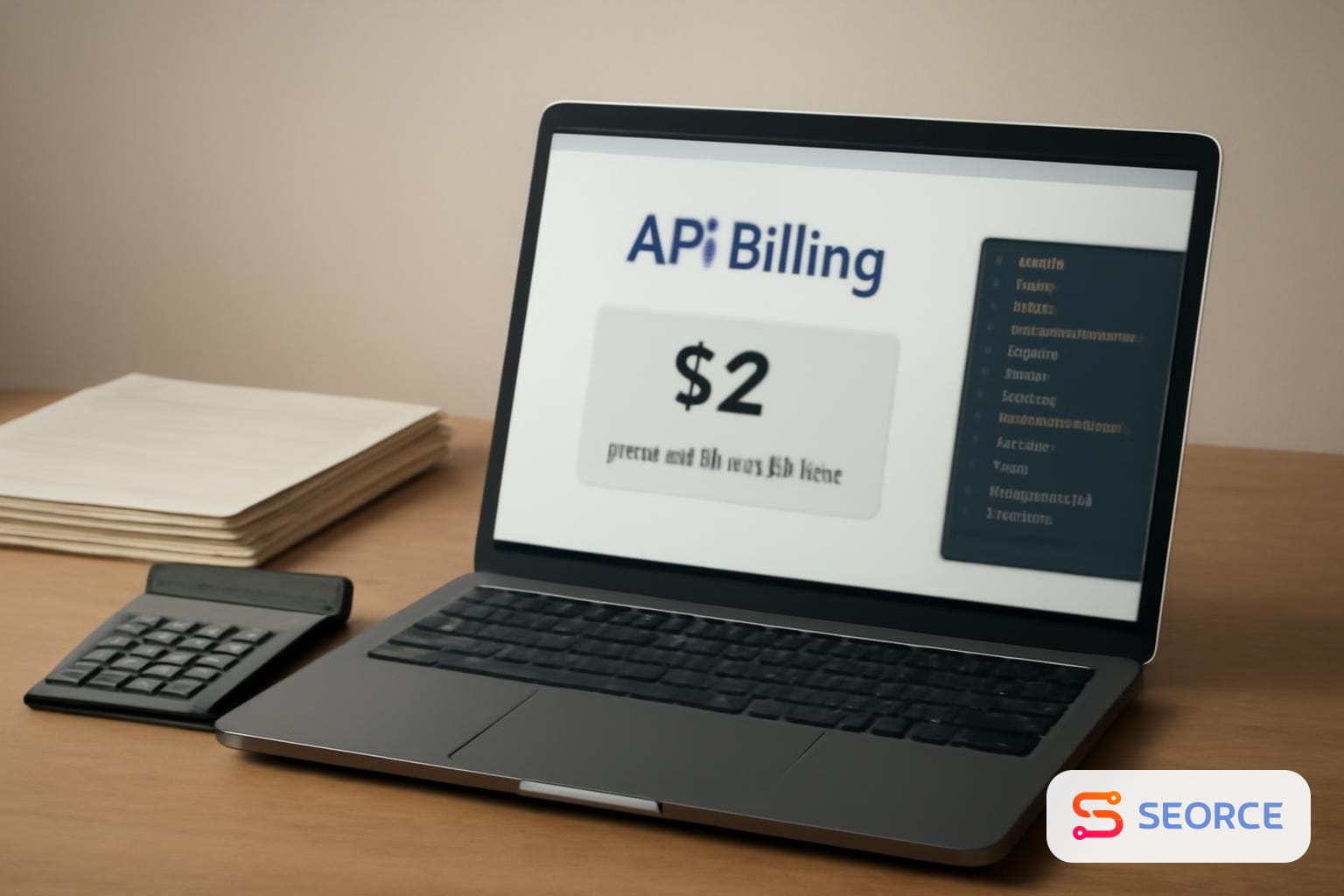 A laptop shows API billing charts beside a calculator, code editor, and documentation pages