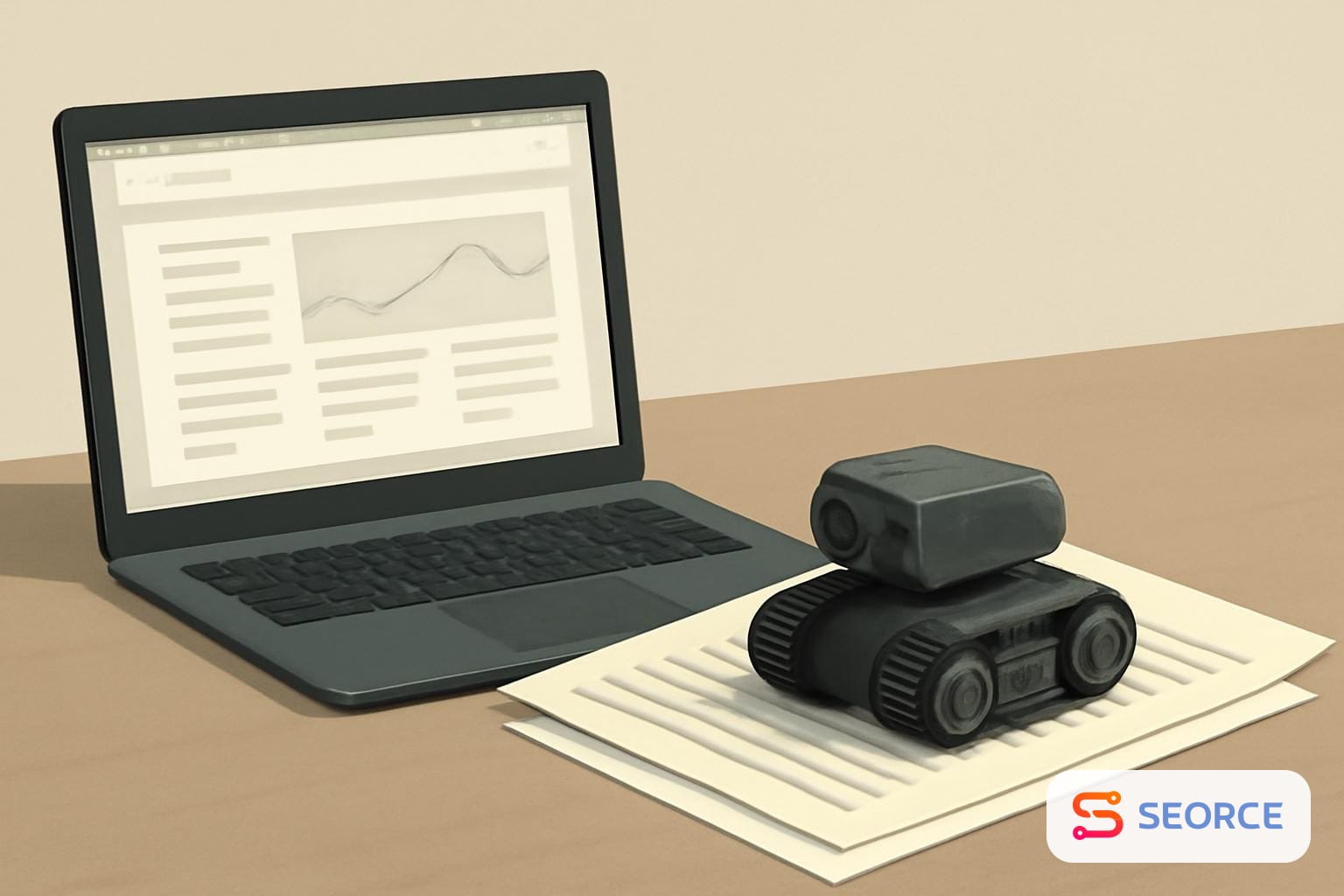 Laptop screen with website pages and a small crawler robot scanning documents beside it.