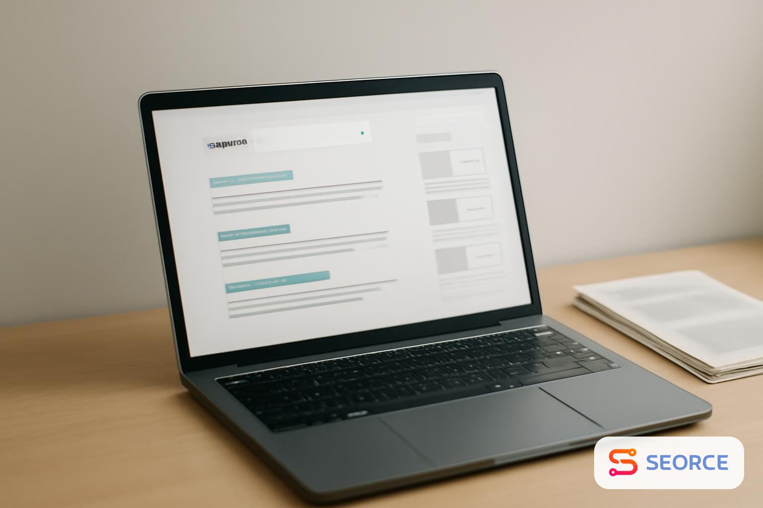 Laptop showing AI search results with highlighted source links and cards beside printed pages