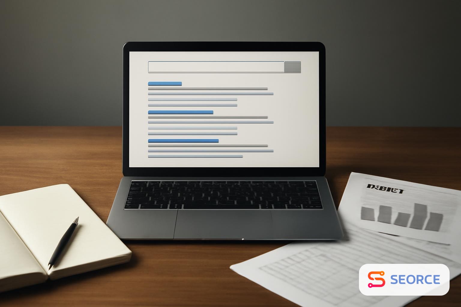 Laptop showing search results beside a notebook, spreadsheet, and printed audit pages on a desk