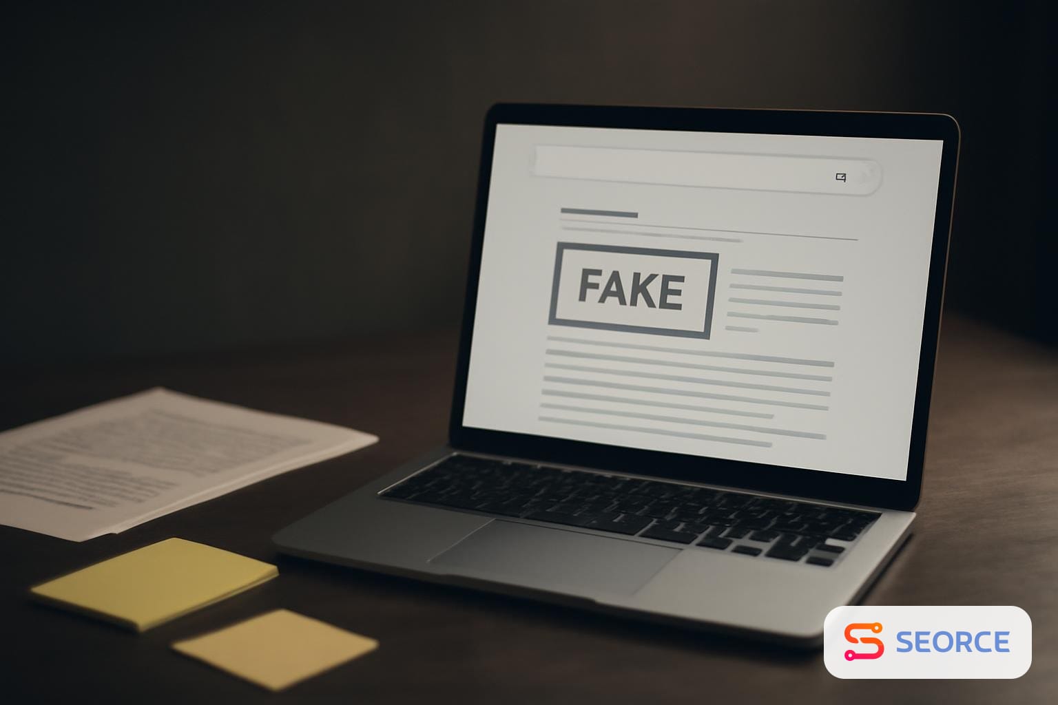 Laptop showing search results beside printed pages and sticky notes on a desk