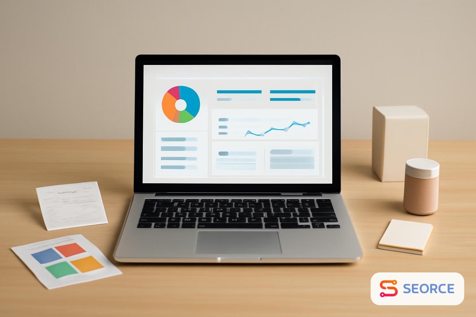 Laptop showing a business dashboard beside receipts, brand colors, and product mockups