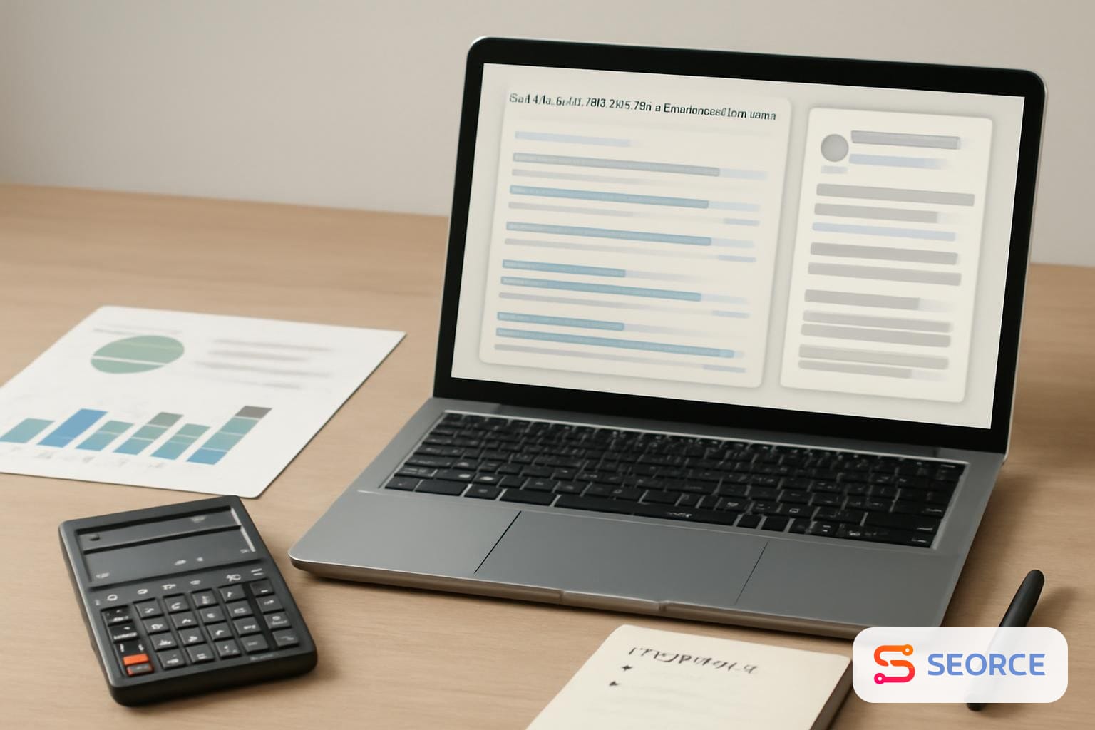 Laptop with search results and AI answer panels beside printed reports and a calculator