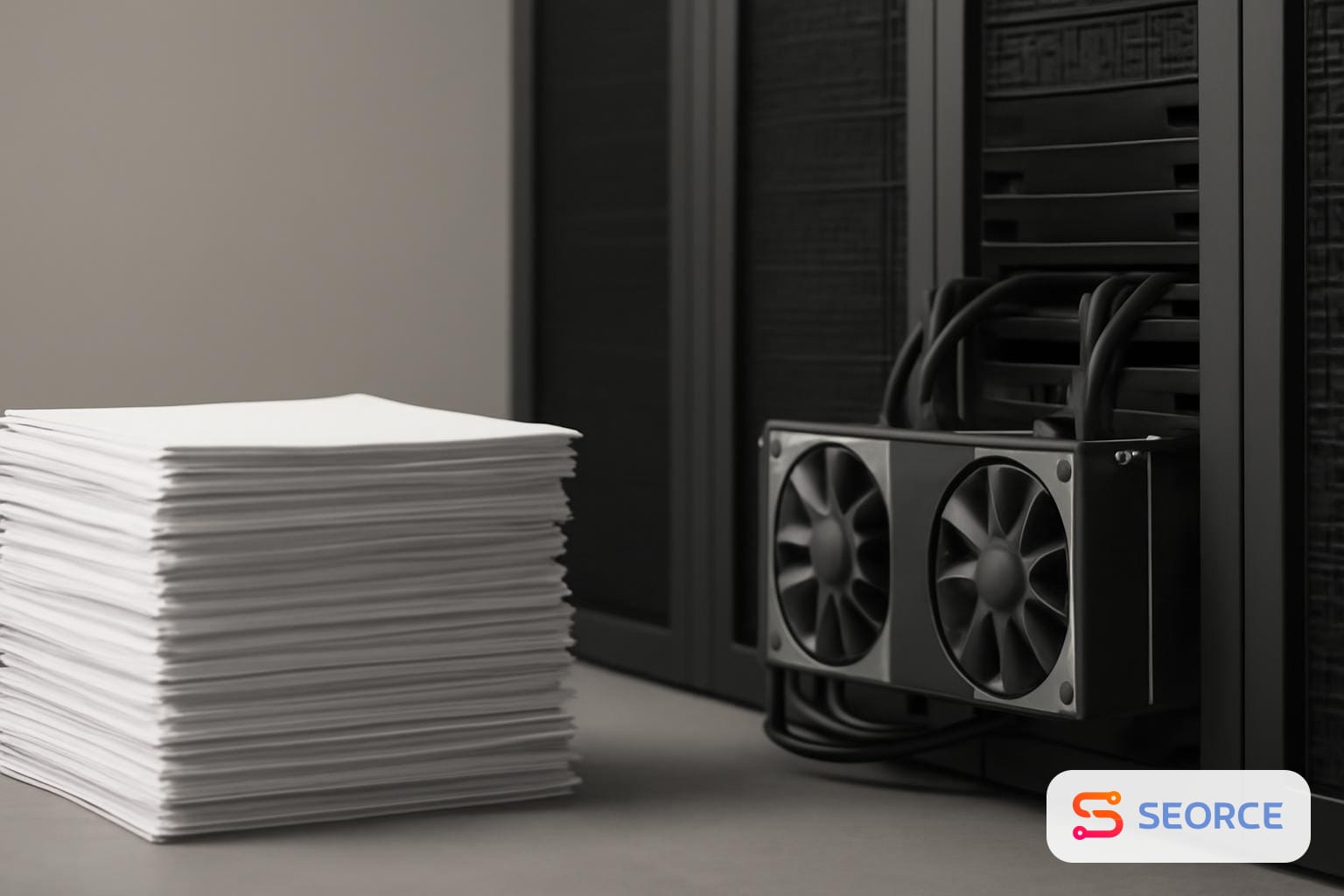 Filing papers beside server racks and GPU cards in a modern data center.