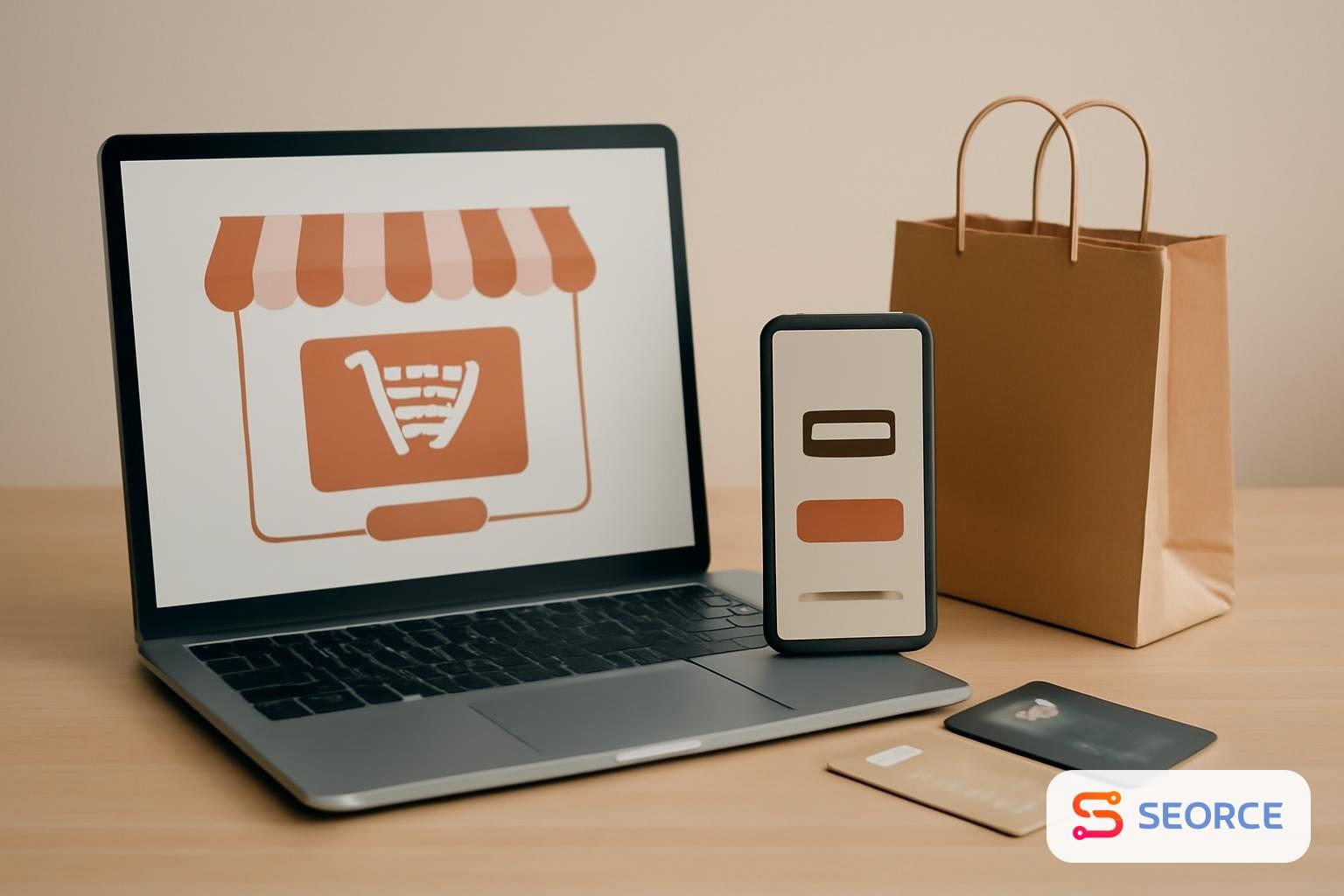 Laptop with online storefront and checkout flow beside a phone, payment cards, and shopping bags on a desk