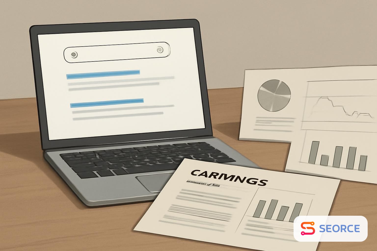 Laptop showing a search results page beside earnings printouts and an analytics dashboard