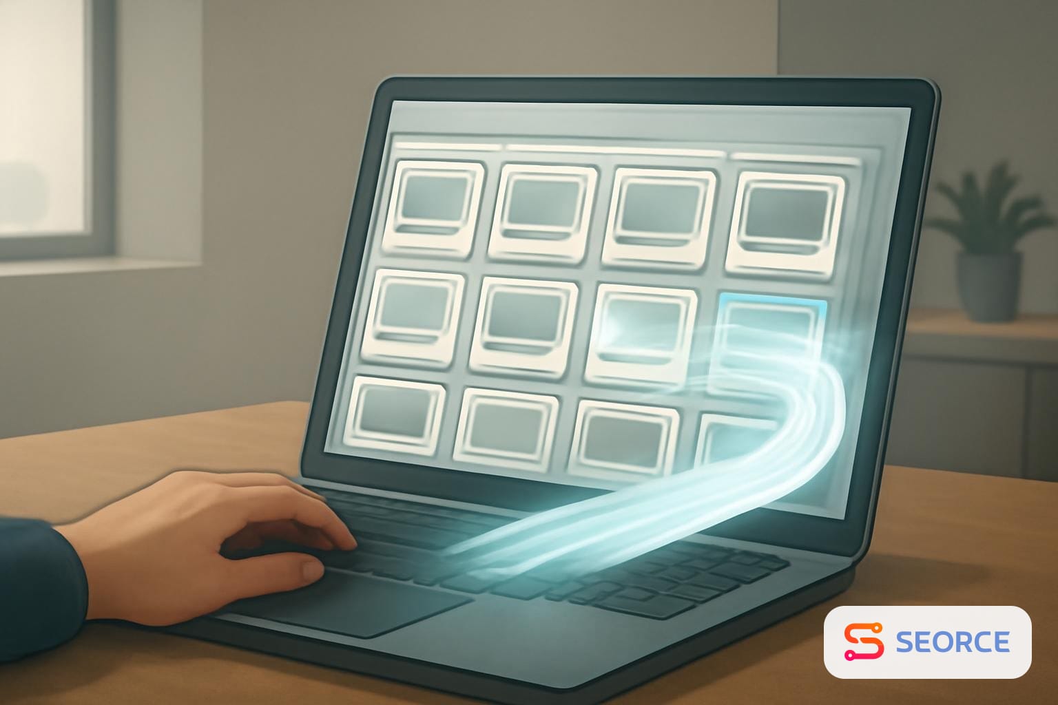 Laptop screen with ad cards flowing through a glowing sorting pipeline