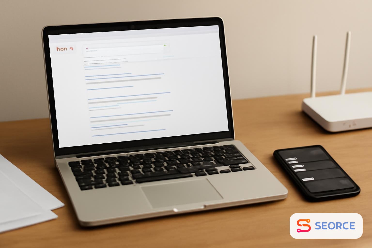 Laptop showing search results beside a phone open to a public chat server